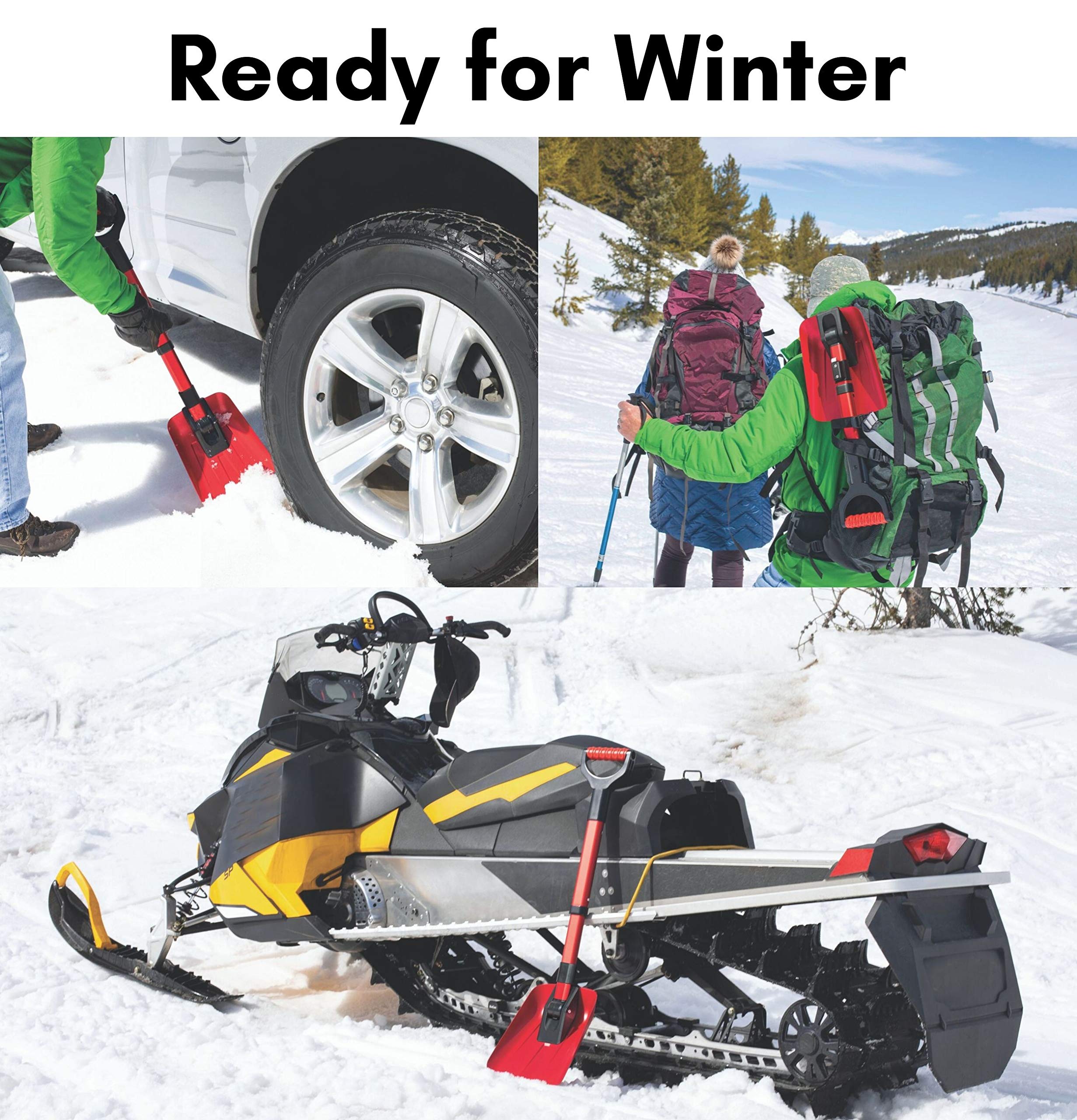 34” Folding Emergency Snow Shovel – Rugged Compact Tool for Car, Snowmobiles, or ATV – Compact Winter Survival Gear - Skiing Camping Mud Avalanche - Collapsible Multifunctional - Red - Image 3
