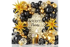 LOOLEY 137Pcs Black and Gold Balloons Garland Arch Kit with Stars - 5 10 12 18 inch Black Gold Confetti Latex Party Balloons for 2026 New Year Graduation Retirement Decorations Birthday