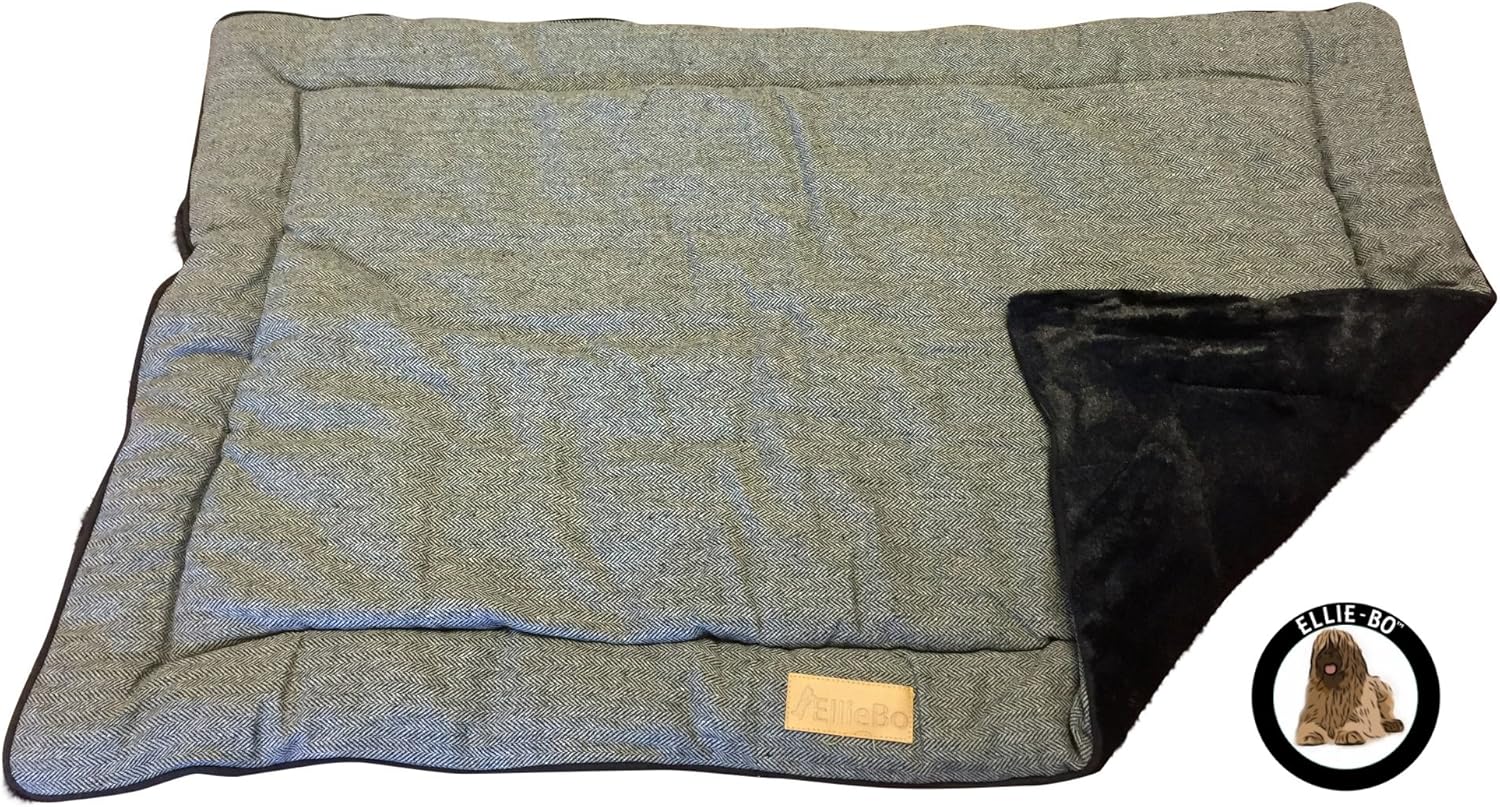 EllieBo Reversible Tweed and Faux Fur Mat Bed for Dog Puppy Cages and