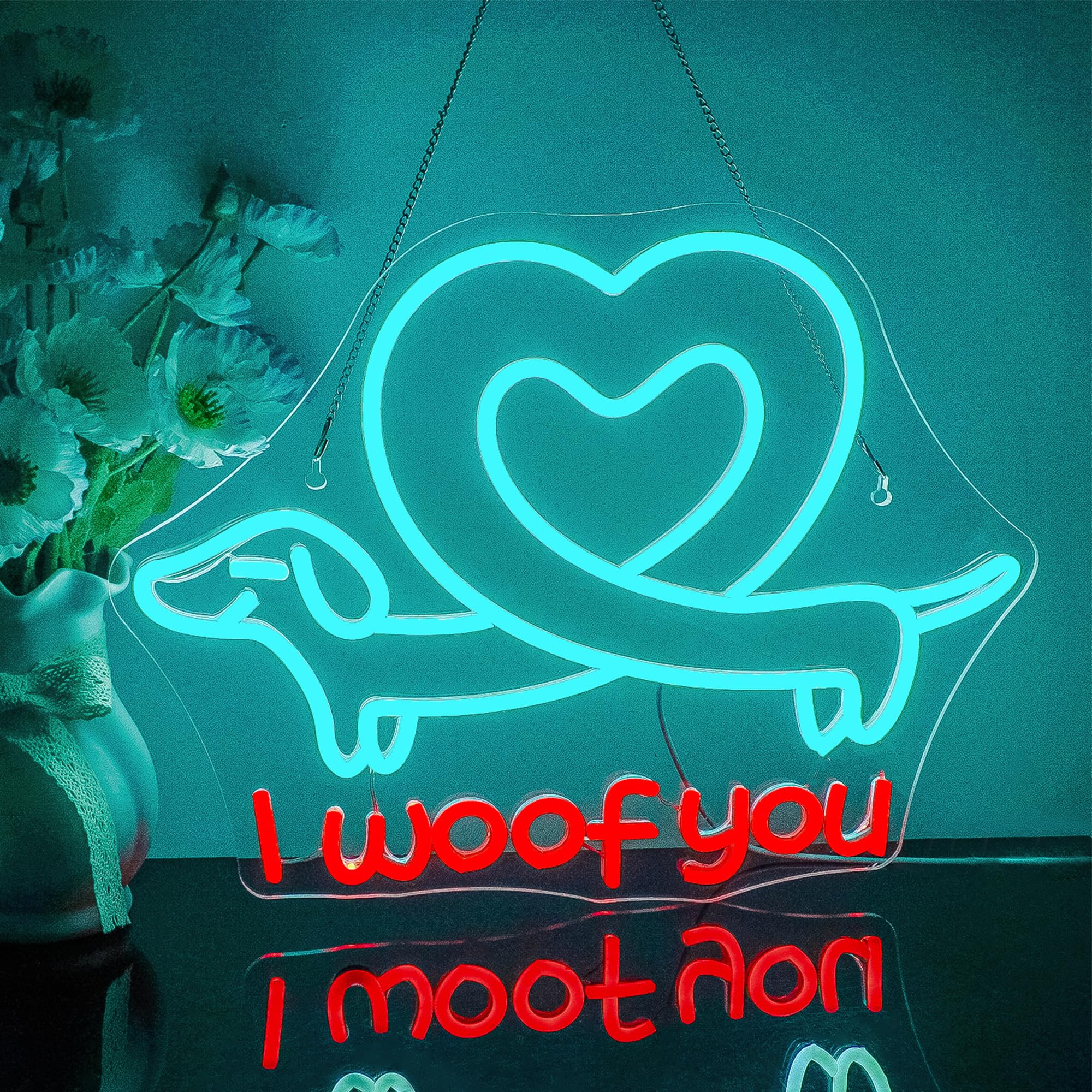 Looklight I Woof You Neon Sign Dachshund for Children's Room - LED Neon Light Dog with Dog Heart for Bedroom, Party, Bar and Pet Store