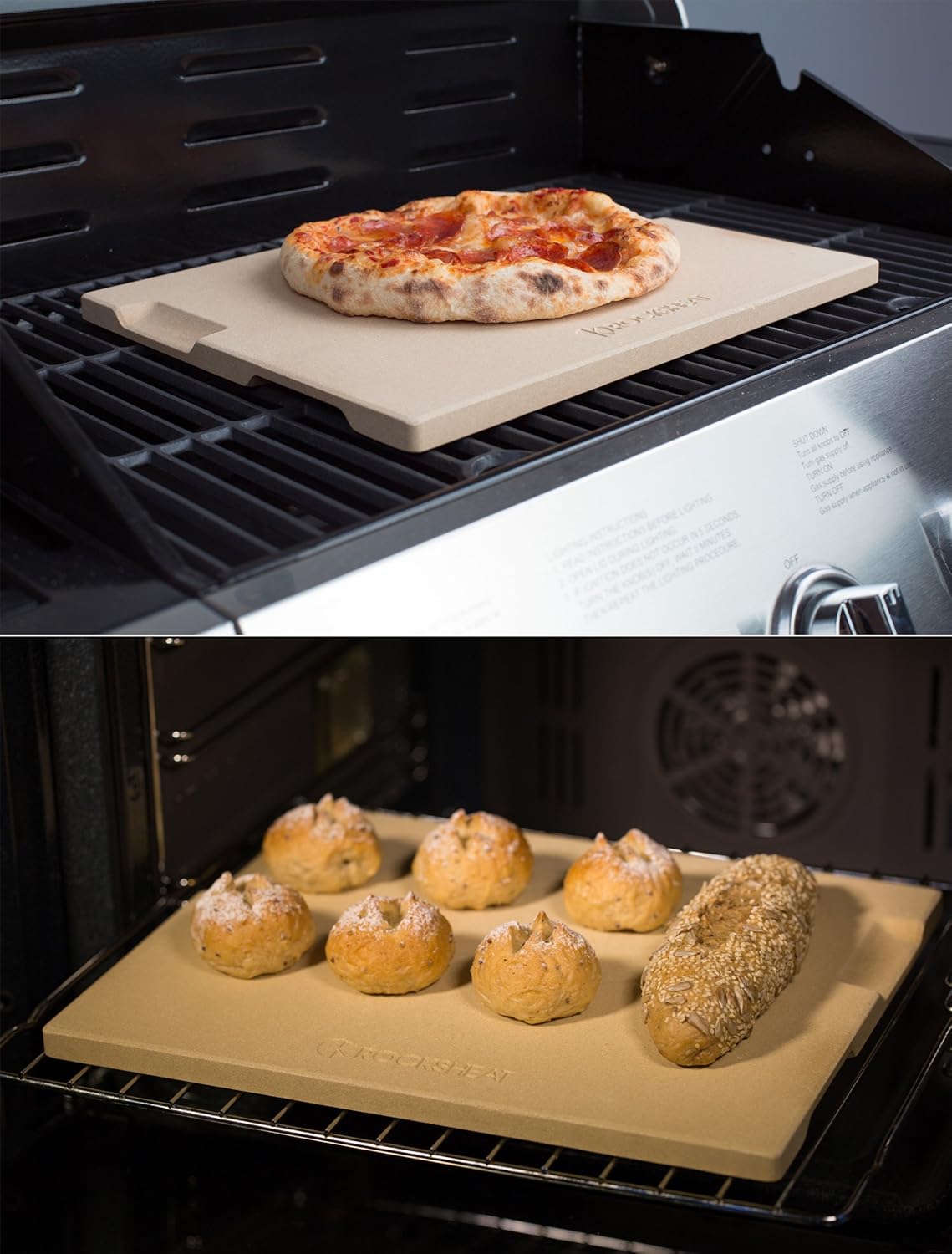 ROCKSHEAT Pizza Stone 12" x 15" Rectangular Baking & Grilling Stone, Perfect for Oven, BBQ and Grill. Innovative Double - Faced Built - in 4 Handles Design : Garden & Outdoor