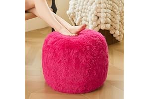 XeGe Fluffy Faux Fur Inflatable Pouf Ottoman, Soft Fuzzy Foot Stool Anti-Slip, Plush Foldable Foot Rest Floor Pouf for Kids Girls Adult, Cute Round Ottoman Cushion Living Room Bedroom, Hot Pink