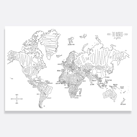 Easy Tiger Quality Art Print Black And White Hand Lettered World Map 36x24