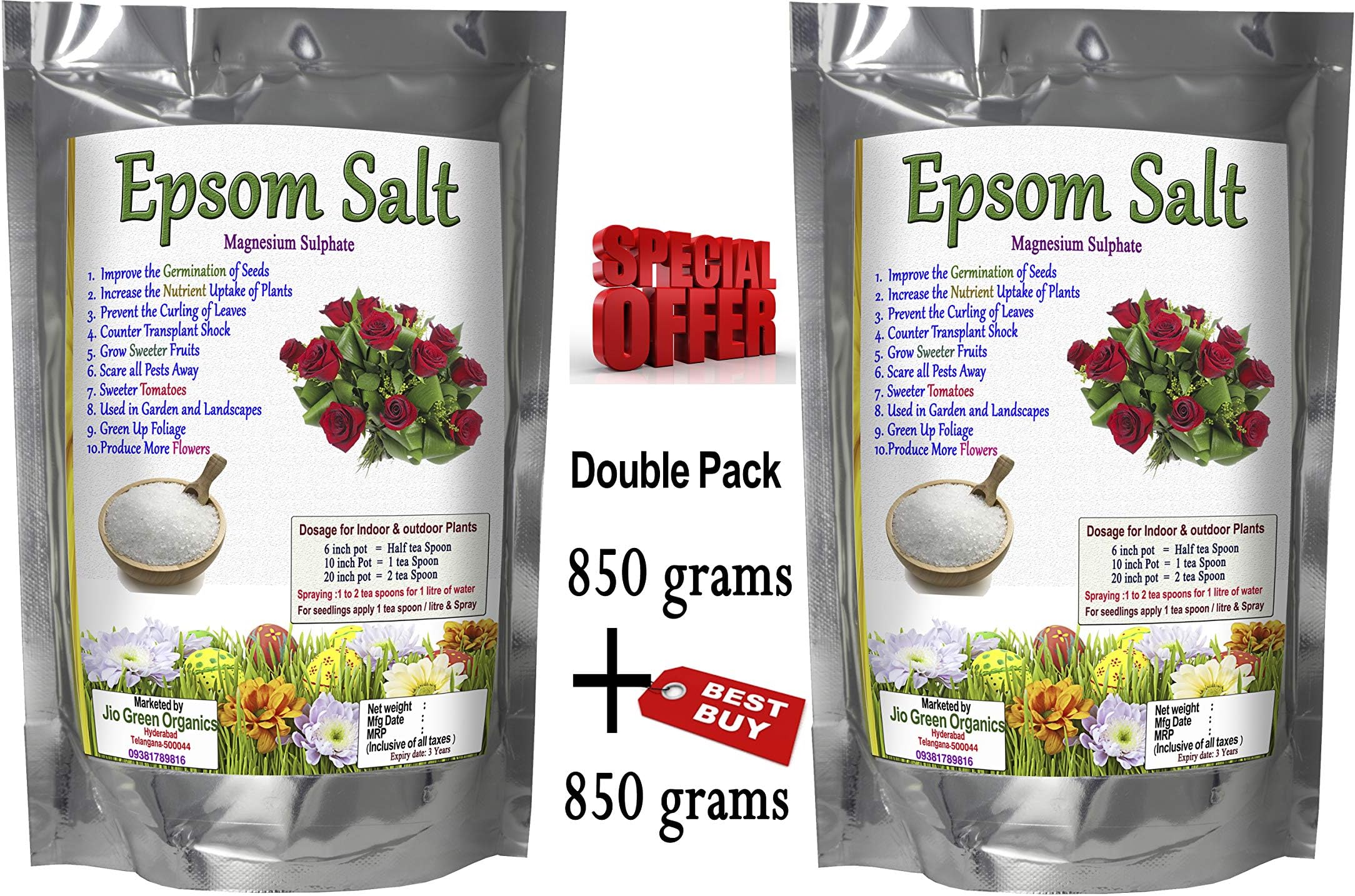 Jio Green garden Store Epsom Salt (850 + 850 Grams) Magnesium Sulfate Fertilizer for Roses, Tomatoes, Landscape, Fruit Trees, Grass etc