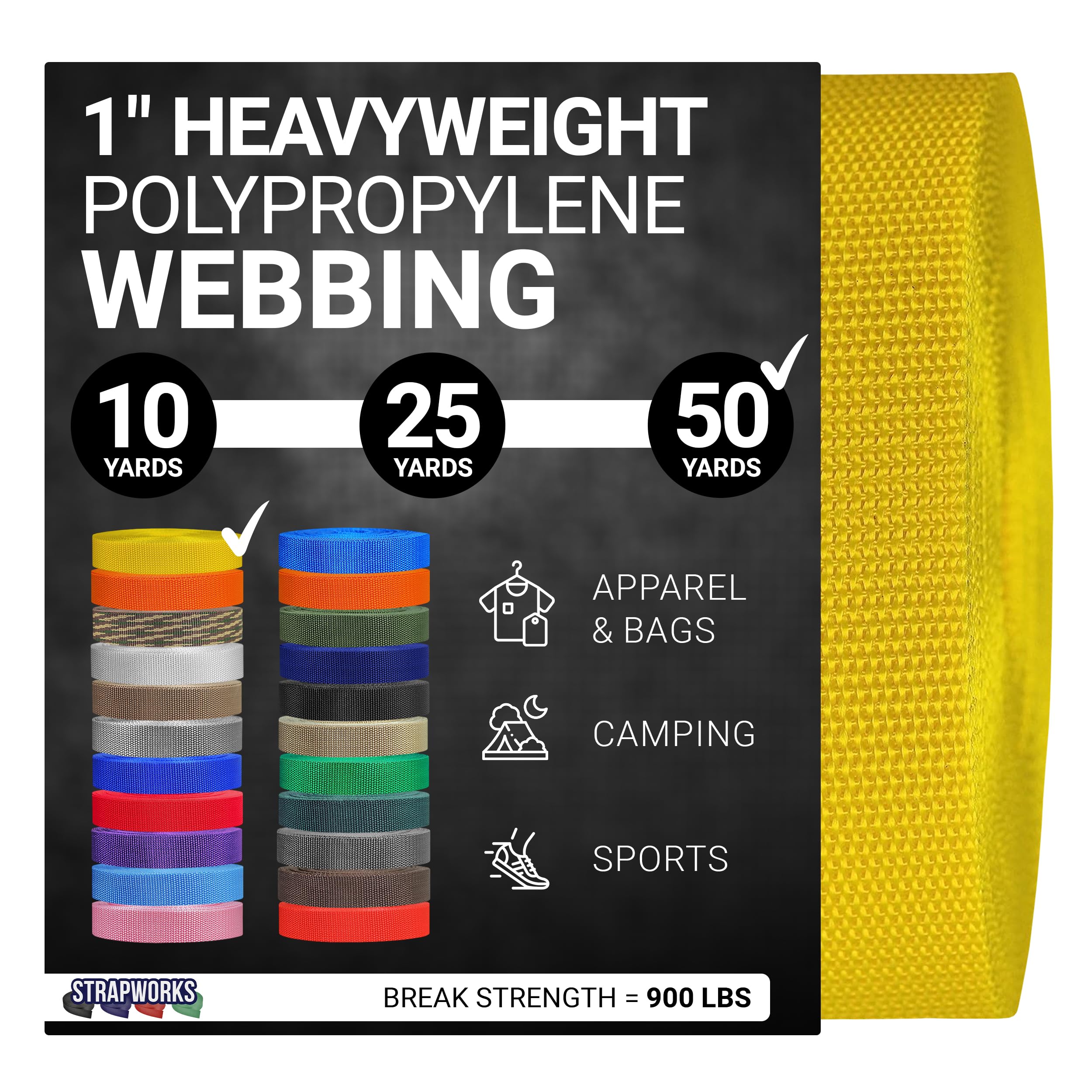 Strapworks Heavyweight Polypropylene Webbing - Heavy Duty Poly Strapping for Outdoor DIY Gear Repair, 1 Inch x 50 Yards - Yellow