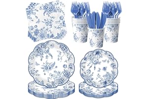 HAKOTI Blue Floral Plates, 144Pcs Blue Toile Scalloped Paper Plates and Napkins includes Flower Paper Plate and Flower Napkins, Vintage Floral Plate for Wedding Bridal Tea Party Supplies