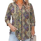 TFSDOD Womens Plus Size Tops 3/4 Length Sleeve Womens Tops V Neck Blouses Pleated Tunic Plus Size Fashion (1X-5X)