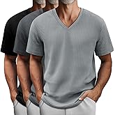 August Alley 3 Pack Men's Waffle T Shirts, V Neck Moisture Wicking Pullover Tee Shirts Short Sleeve Lightweight Knitted Tops