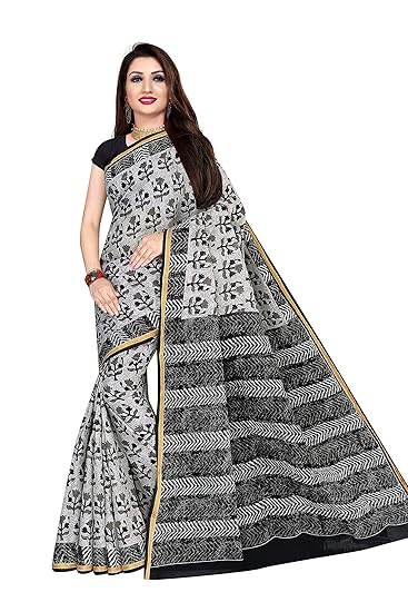 Womens pure cotton saree with blouse piece (8012_Zari_Grey and Black)