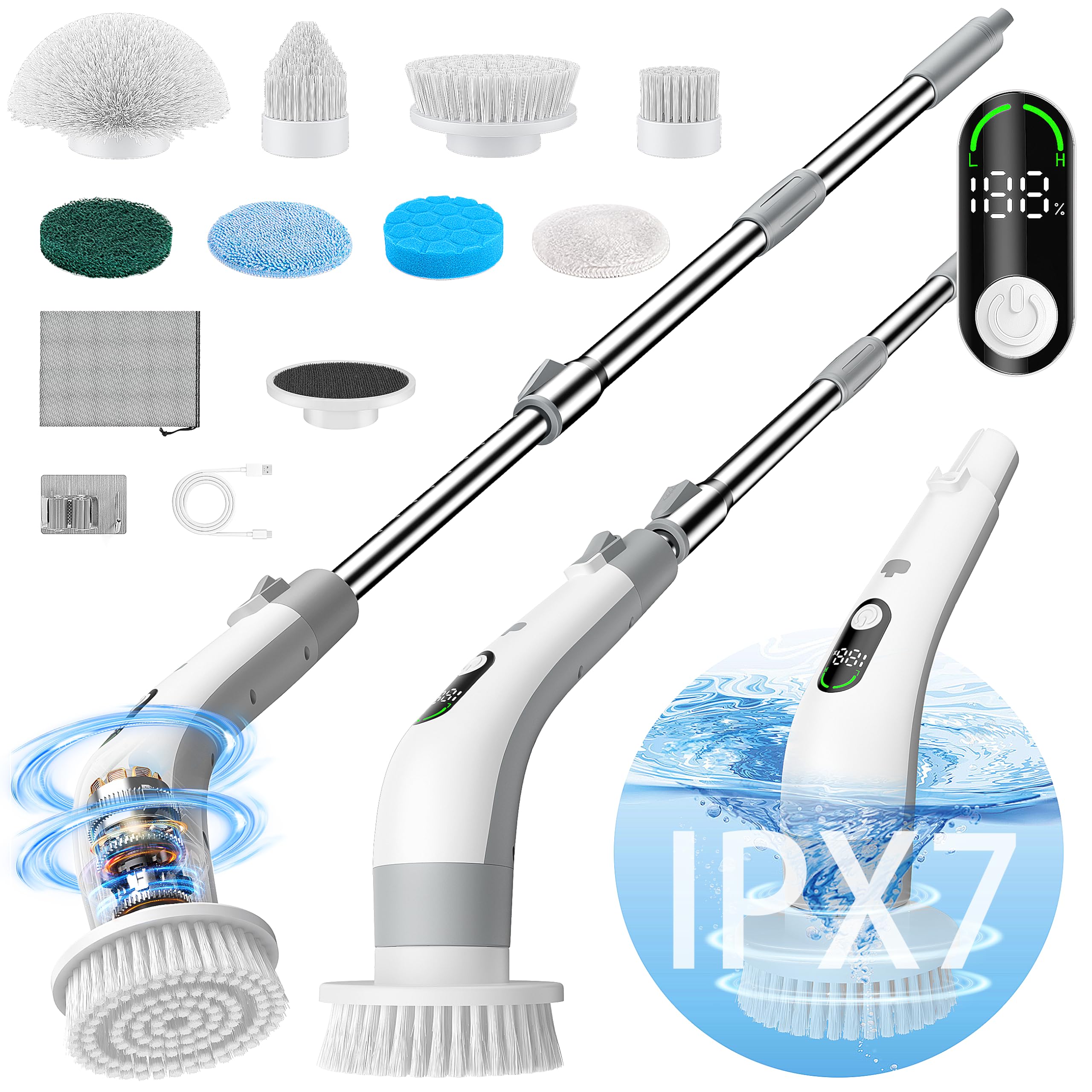 Photo 1 of **PARTS ONLY/DOES NOT WORK**Vaxbree Electric Spin Scrubber with LED Display, IPX7 Waterproof Powerful Shower Scrubber, 2H Runtime, 2 Speeds, Adjustable Handle, 8 Brush Heads, Cleaning Brushes for Household Use Bathtub Tile Car