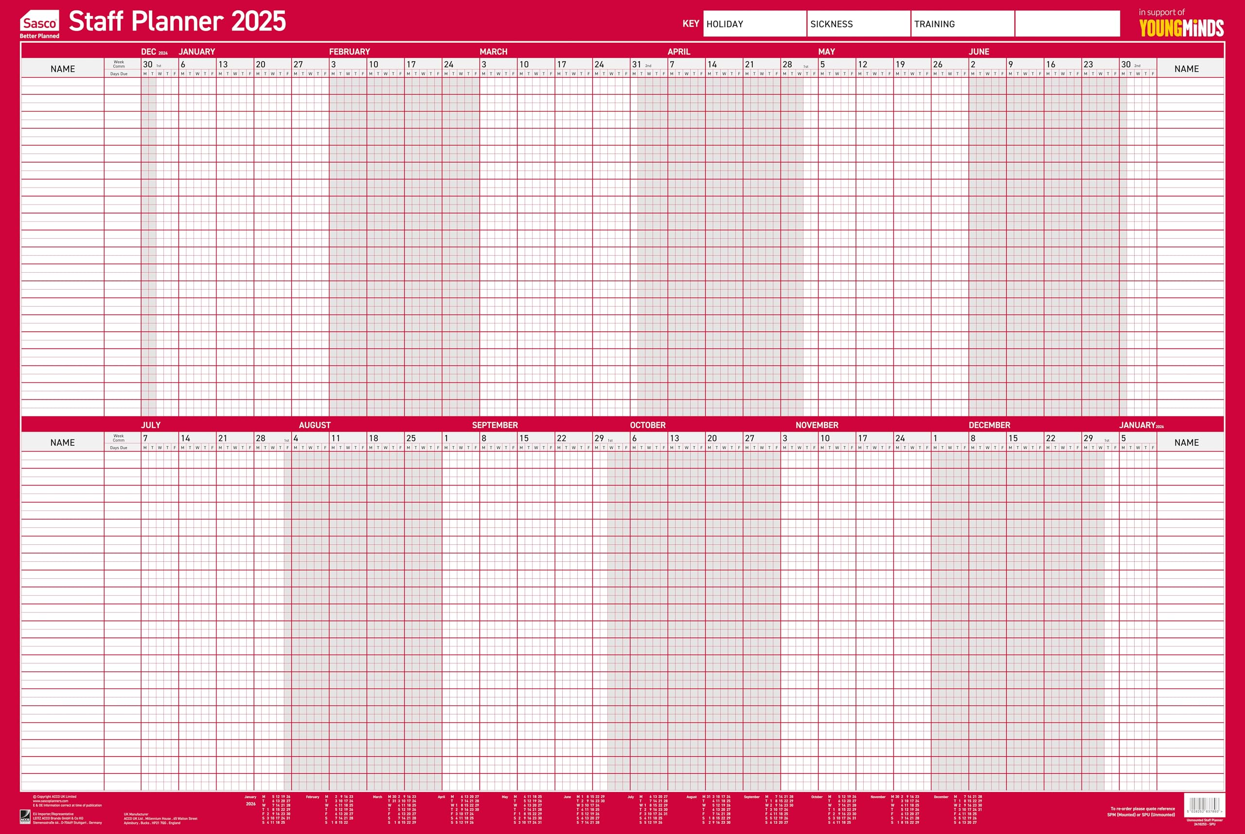 Sasco Unmounted Staff Year Wall Planner 2025 Poster (915 x 610mm) 2410253