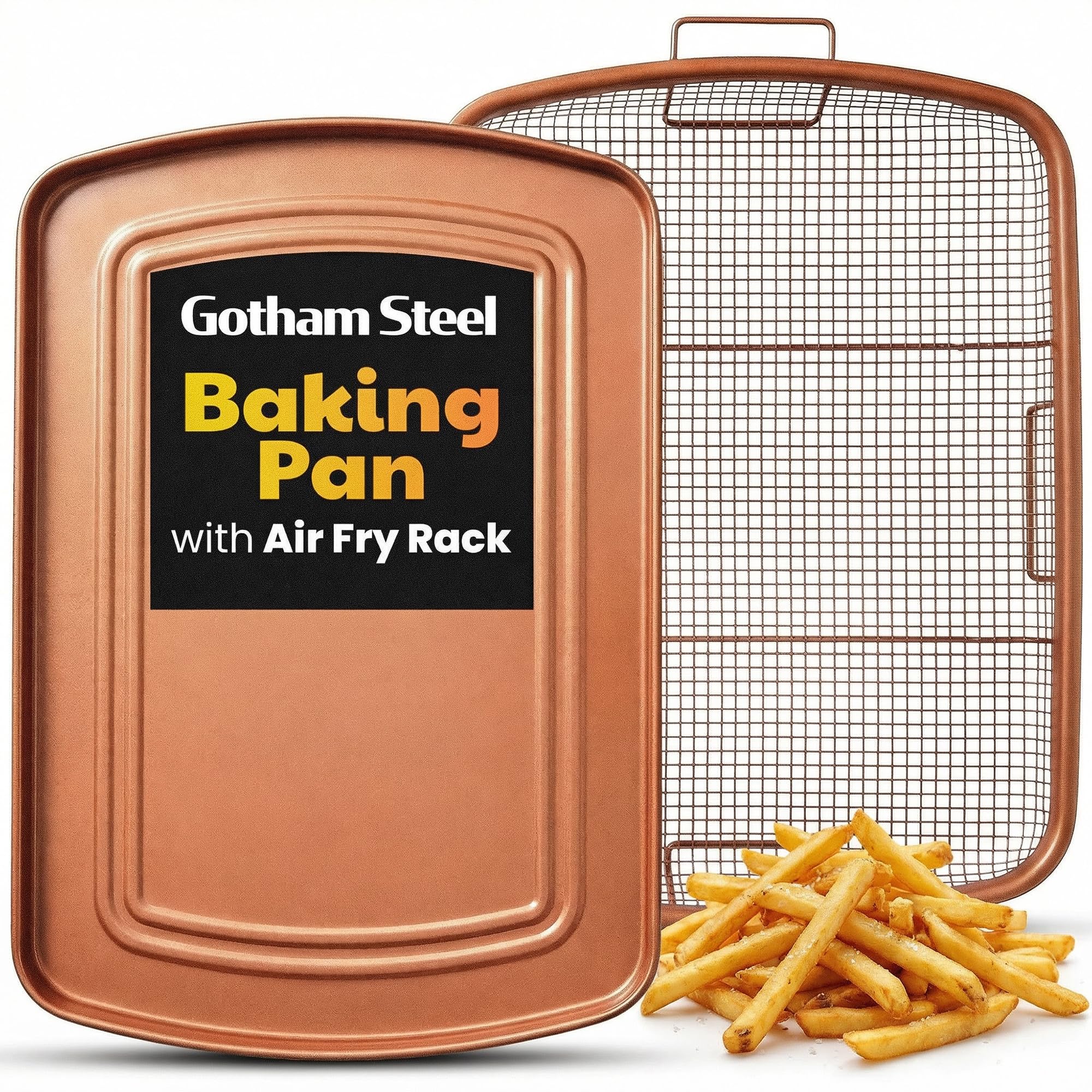 Gotham Steel Crisper Tray for Oven, 2 Piece Nonstick Copper Crisper Tray and Basket, Air Fry in Your Oven, Great for Baking and Crispy Foods, Dishwasher Safe – XXL