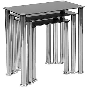 Flash Furniture Riverside Collection Black Glass Nesting Tables with Stainless Steel Legs, HG-112349-GG