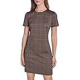 Halston Womens Short Sleeve Round Neck Mixed Media Button Detail Dress