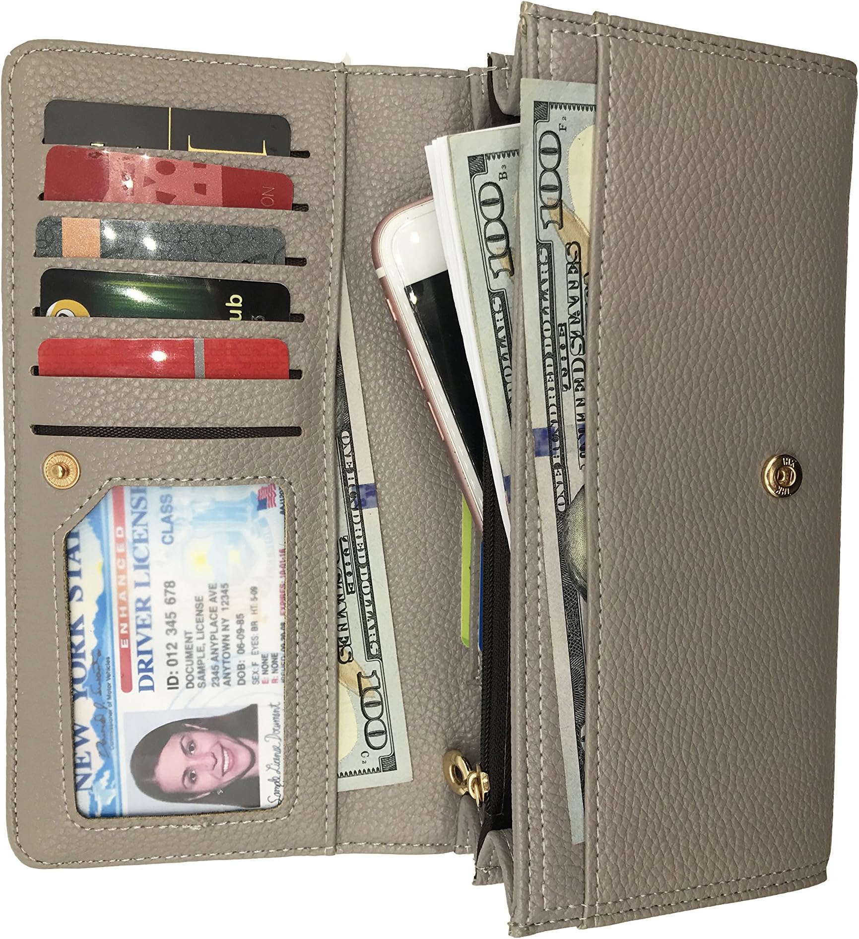 QUEENX Women's Large Capacity Wallet Bifold Luxury Leather Clutch Wallet Card Holder Travel Purse (grey)