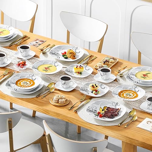 VEWEET 'Zoey' 30-Piece Dinner Set Ivory White Black Decals