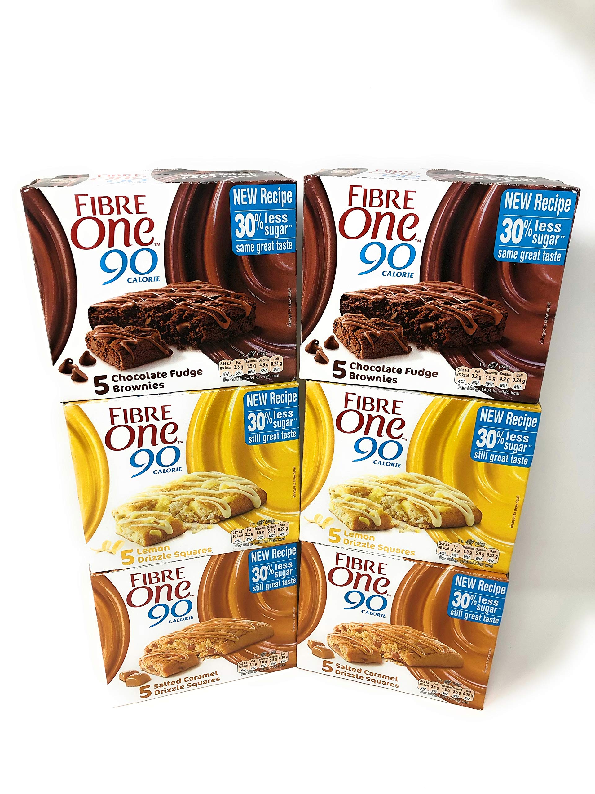 Fibre One 90 Calorie Salted Caramel Drizzle Squares 120G X2 Packs Chocolate Fudge Brownies 120G X2 Packs Lemon Drizzle Squares 120G X2 Packs 5 Bars Per Pack (X6 Pack Bundle, 30 Bars Total)