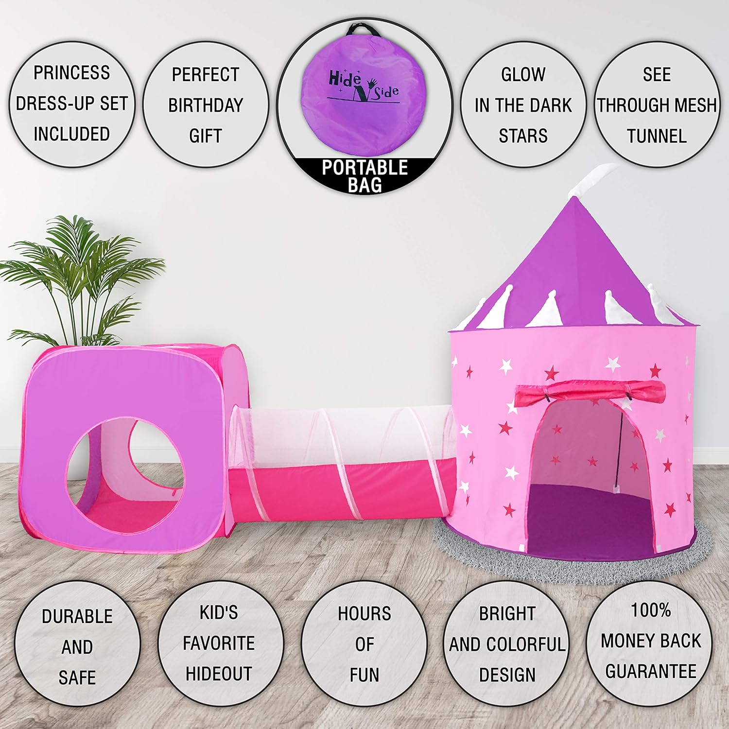 Hide N Side Princess Tent With Tunnel, Kids Castle Playhouse & Princess