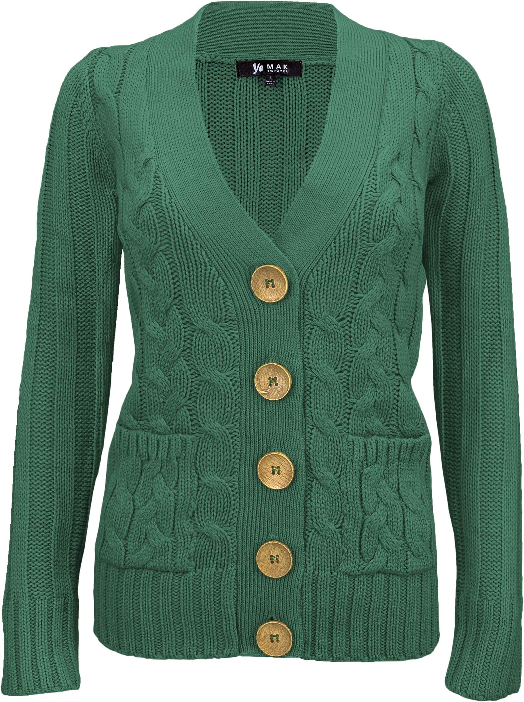 YEMAK Women's Long-Sleeve Button-Down Two Pocket Cable Knit Casual Cardigan Sweater