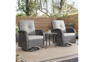 HUMMUH Outdoor Swivel Chairs,3 Pieces Patio Furniture Set with 360 Degree Wicker Swivel Rocking Chairs and Side Table for Garden,Porch,Backyard (Brown/Beige)
