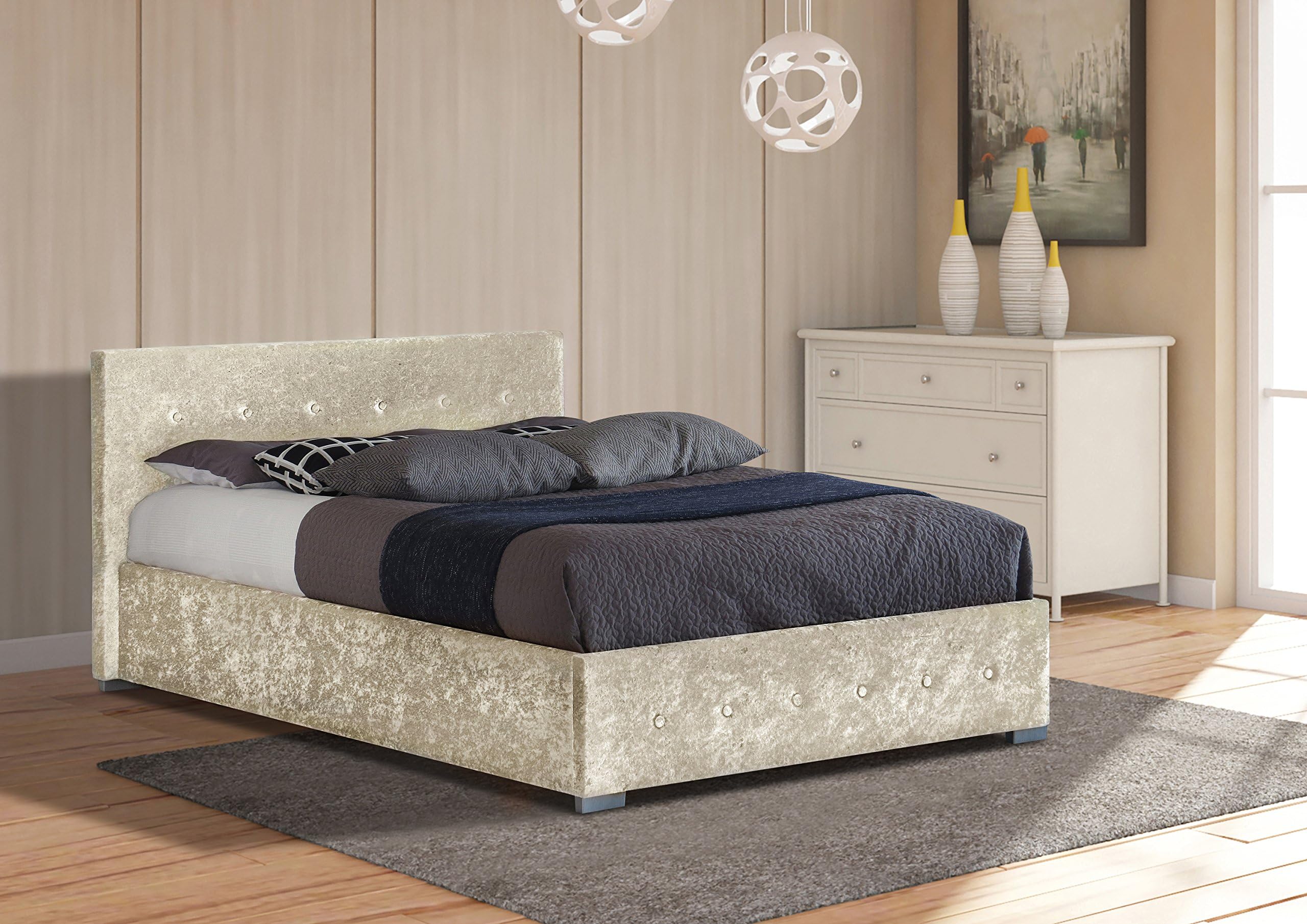 Comfy Living 4ft6 Double Crushed Velvet Storage Ottoman Bed Frame With Charlotte Mattress (Cream)