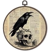 XNXLDYLH Gothic Black Crow Raven Skull Round Framed Wall Art Decor, Horror Dark Romance Cottagecore Quirky Home Hanging Wall Decor, Vintage Dark Academia Moody Canvas Prints Wall Art Paintings,10x10In
