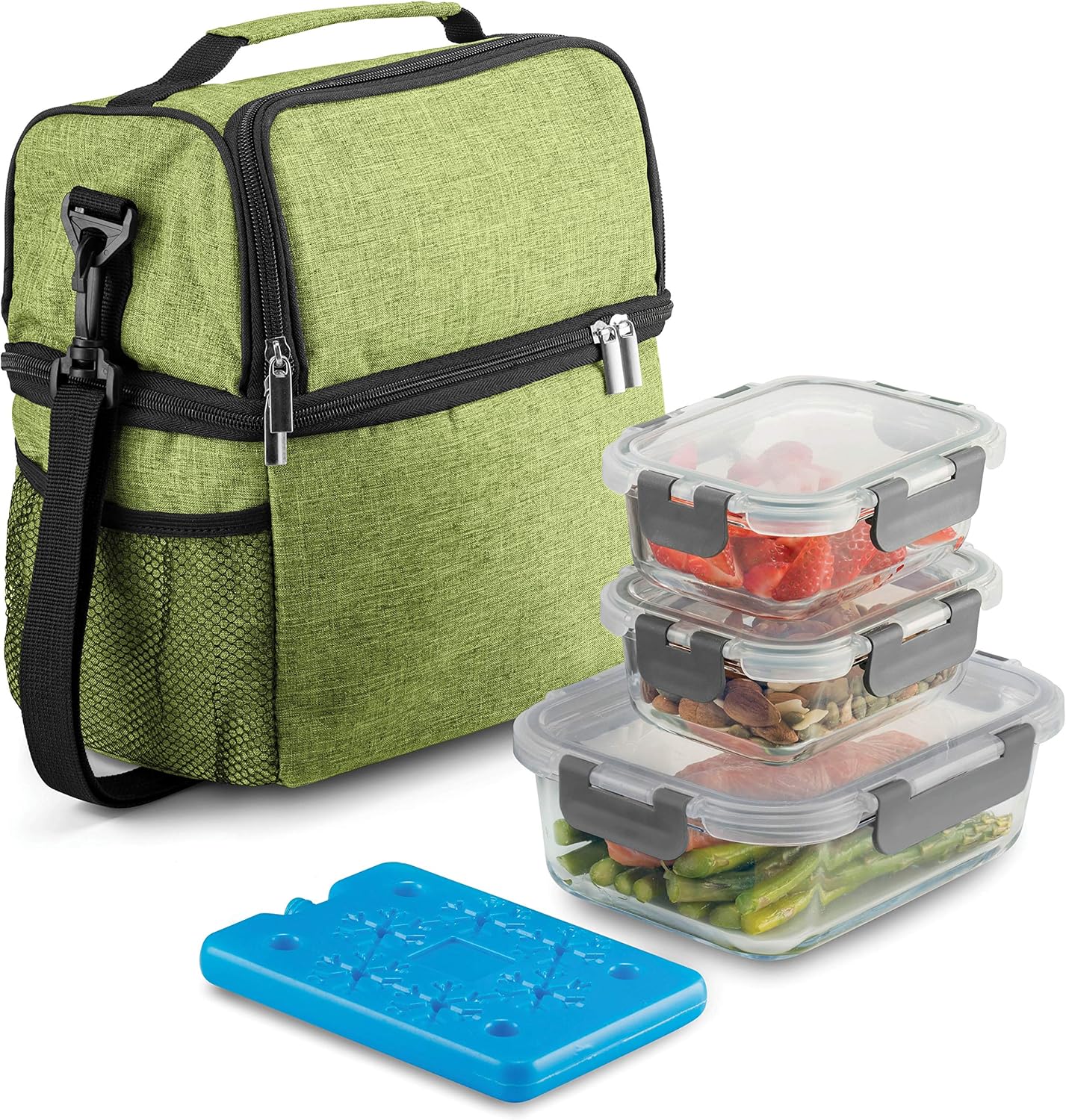 8-Piece Insulated Lunch Box Set - Insulated Lunch Bag for Women Men - 6-pc Glass Food Container Set, 3 Glass Containers Leakproof Locking Lids & Ice Pack - 2-Compartment Cooler Tote for Office Work