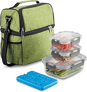 8-Piece Insulated Lunch Box Set - Insulated Lunch Bag for Women Men - 6-pc Glass Food Container Set, 3 Glass Containers Leakproof Locking Lids & Ice Pack - 2-Compartment Cooler Tote for Office Work