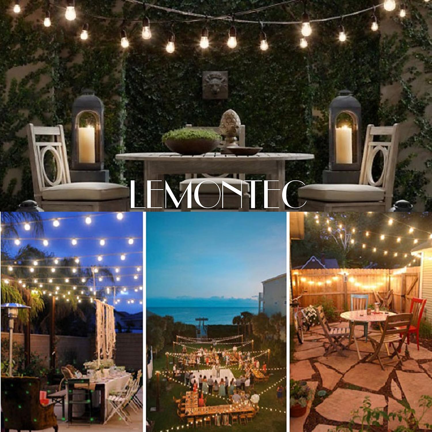 Lemontec Commercial Grade Outdoor String Lights with 15 Hanging Sockets - 48 Ft Black Weatherproof Cord Weatherproof Strand for Patio Garden Porch Backyard Party Deck Yard – S14 Black - - 