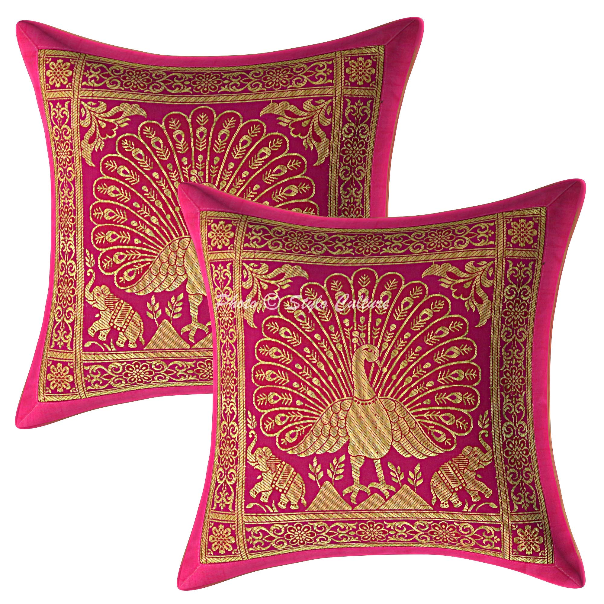Stylo Culture Ethnic Brocade Couch Lounge Cushion Covers 30cm x 30cm Magenta Gold Dancing Peacock 12 x 12 Inch Jacquard Square Decorative Floral Throw Pillowcases - (Set Of 2 Pcs)