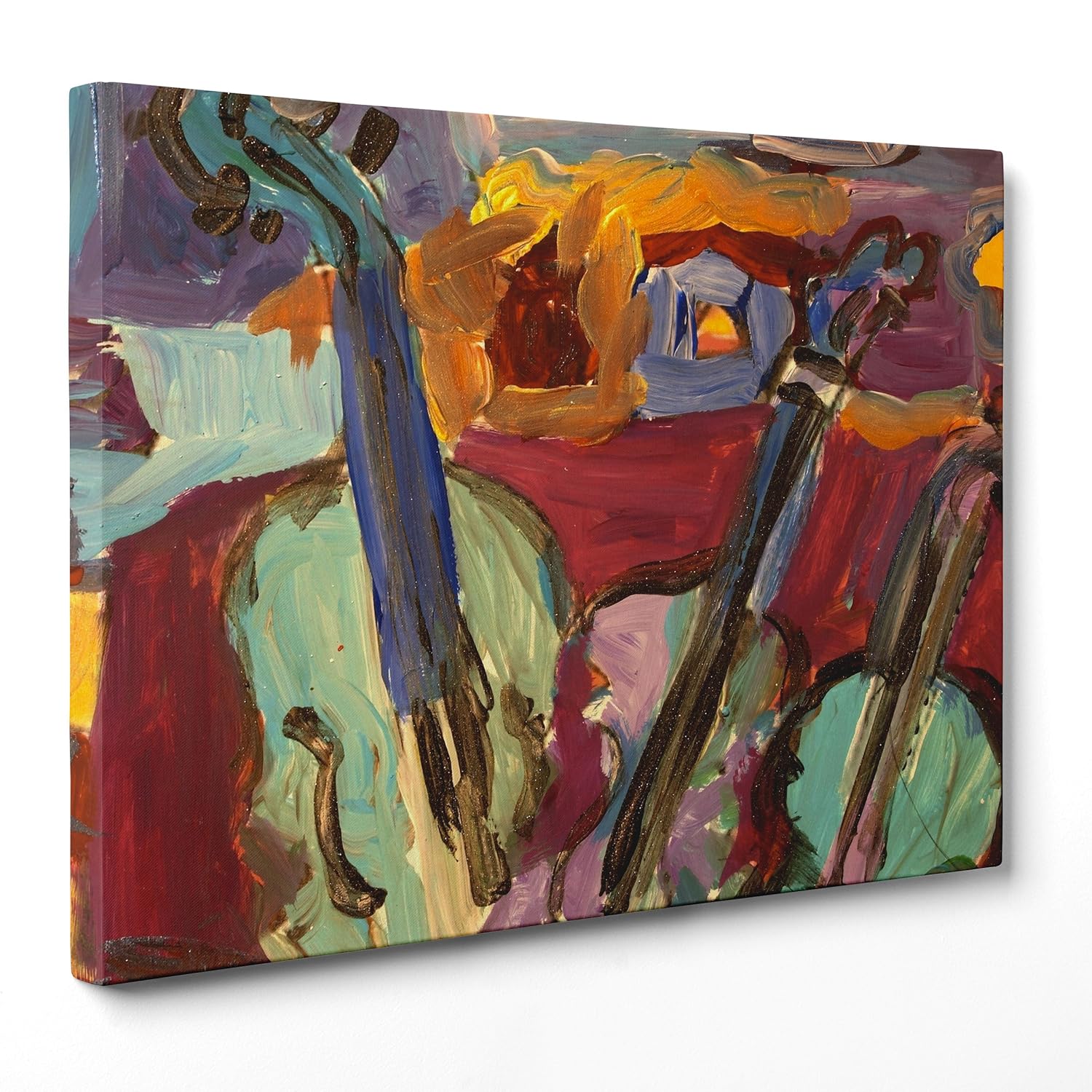 QUADRO SU TELA CANVAS INTELAIATO PRONTO DA APPENDERE Musica Jazz Sax Basso Violino Contrabbasso Illustrazione Disegno Effetto Olio Dipinto