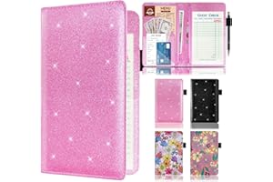 KOLODOGO Server Book with 2 Zipper Pockets, Leather Server Book Organizer for Waitress, Bling Waiter Book Money Wallet with Pen Holder, Guest Check Presenter, Restaurant Waitstaff Organizer, Glitter Pink