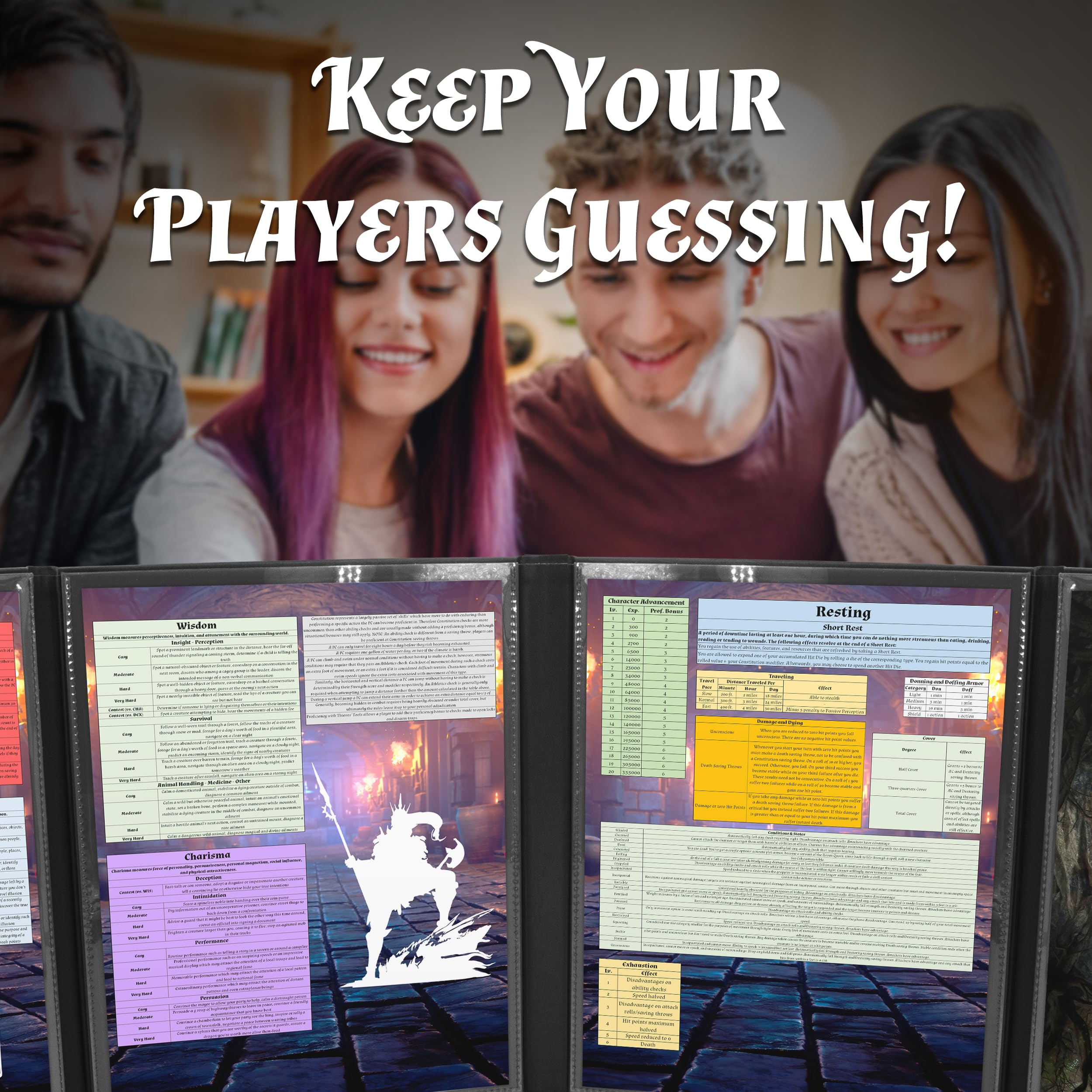 CASEMATIX DM Screen Faux Leather Embossed GM Screen - Four Panel Folding Dungeon Master Screen with Wet Erase Pockets and Compatible with Tabletop Roleplaying Games, Inserts Not Included, Black