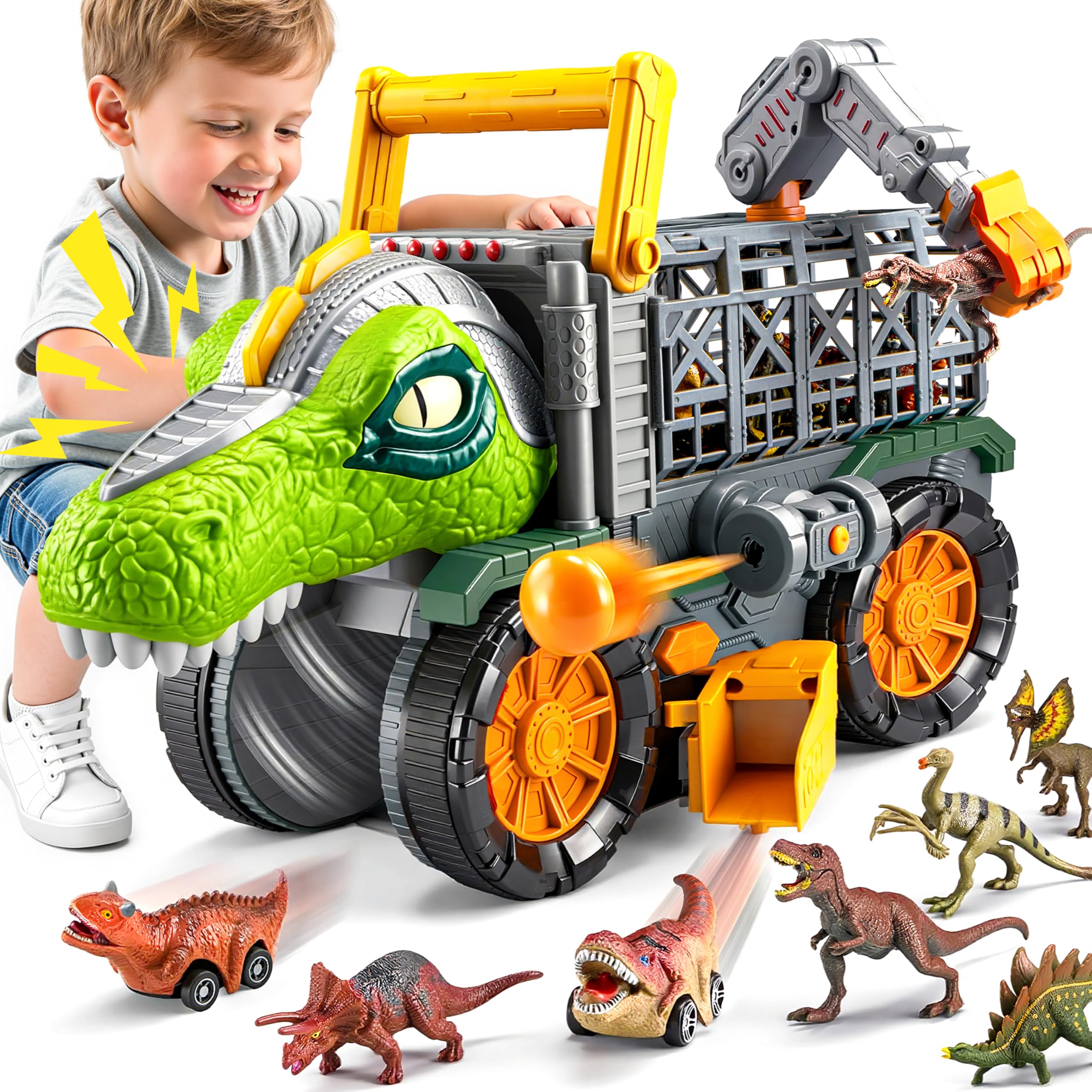 VROOMIX Dinosaur Toy for Toddlers 3 4 5 6+ Year Old, Extra Large Dinosaur Monster Truck with Figures, T-Rex Toy with Launcher, Darts, Crane Arm & Tunnel, Jurassic Gifts for Boys Birthday Christmas