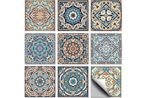 CONCHLERY 36 Pcs 9 Style Wall Stickers Blue Relief Pattern Peel and Stick Wall Tile Sticker Mandala Pattern Waterproof Self A