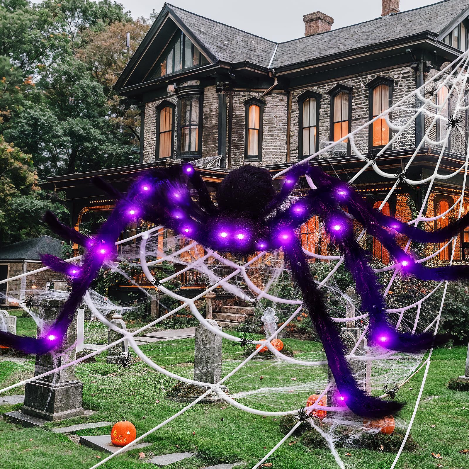 Photo 1 of Spider Webs Halloween Decorations Outdoor, 60" Light up Giant Spider Decorations+200" Triangular Halloween Spider Web, Lighted Fake Spider with Large Spider Web for Indoor Outdoor Halloween Decoration