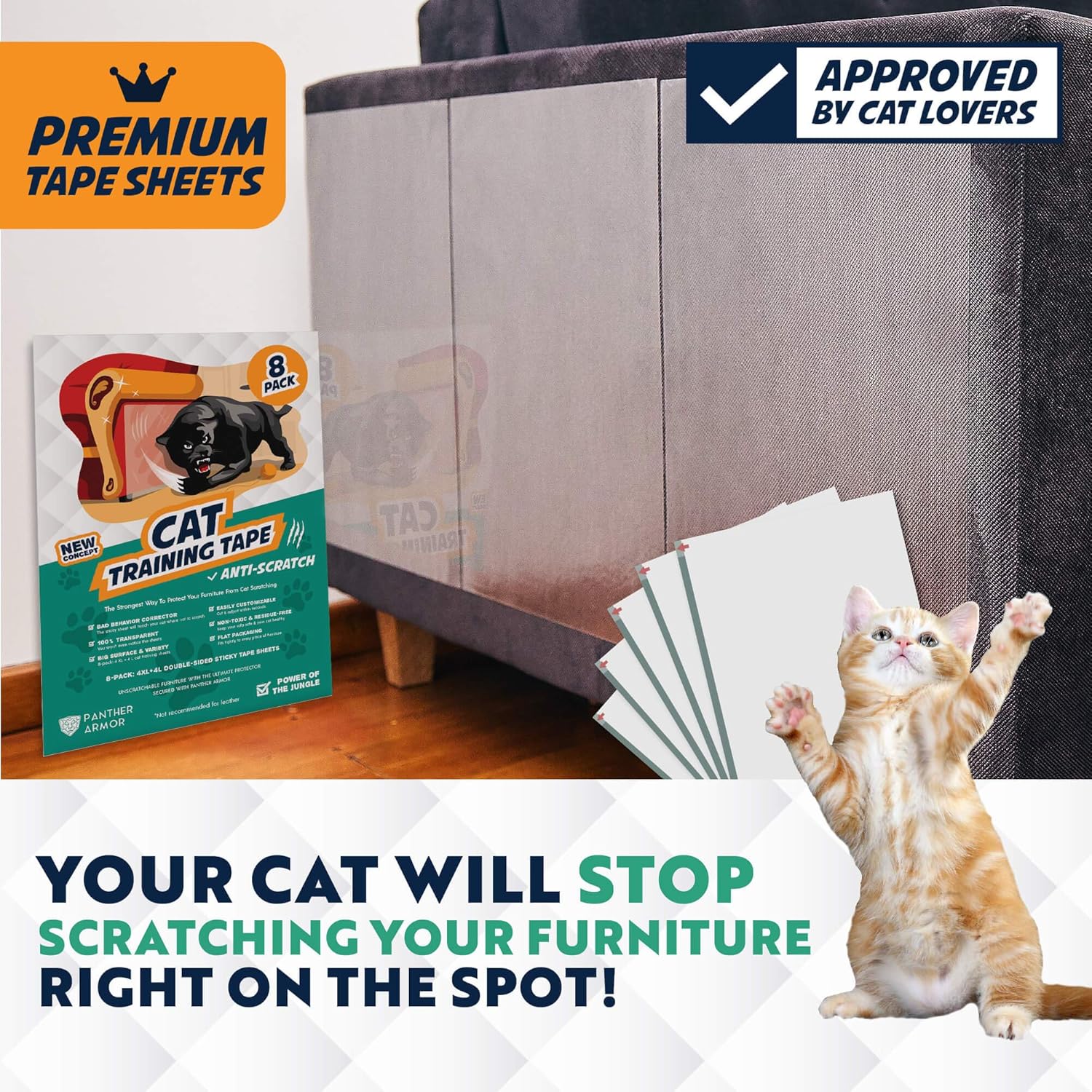 Panther Armor Cat Scratch Deterrent Tape – 8(Eight)-Pack – Double Sided Anti Cats Scratching Sticky Tape – 4-Pack XL 16”L 12”W + 4-Pack Large 17”L 10”W Furniture Protectors – Clear Training Tape : Pet Supplies