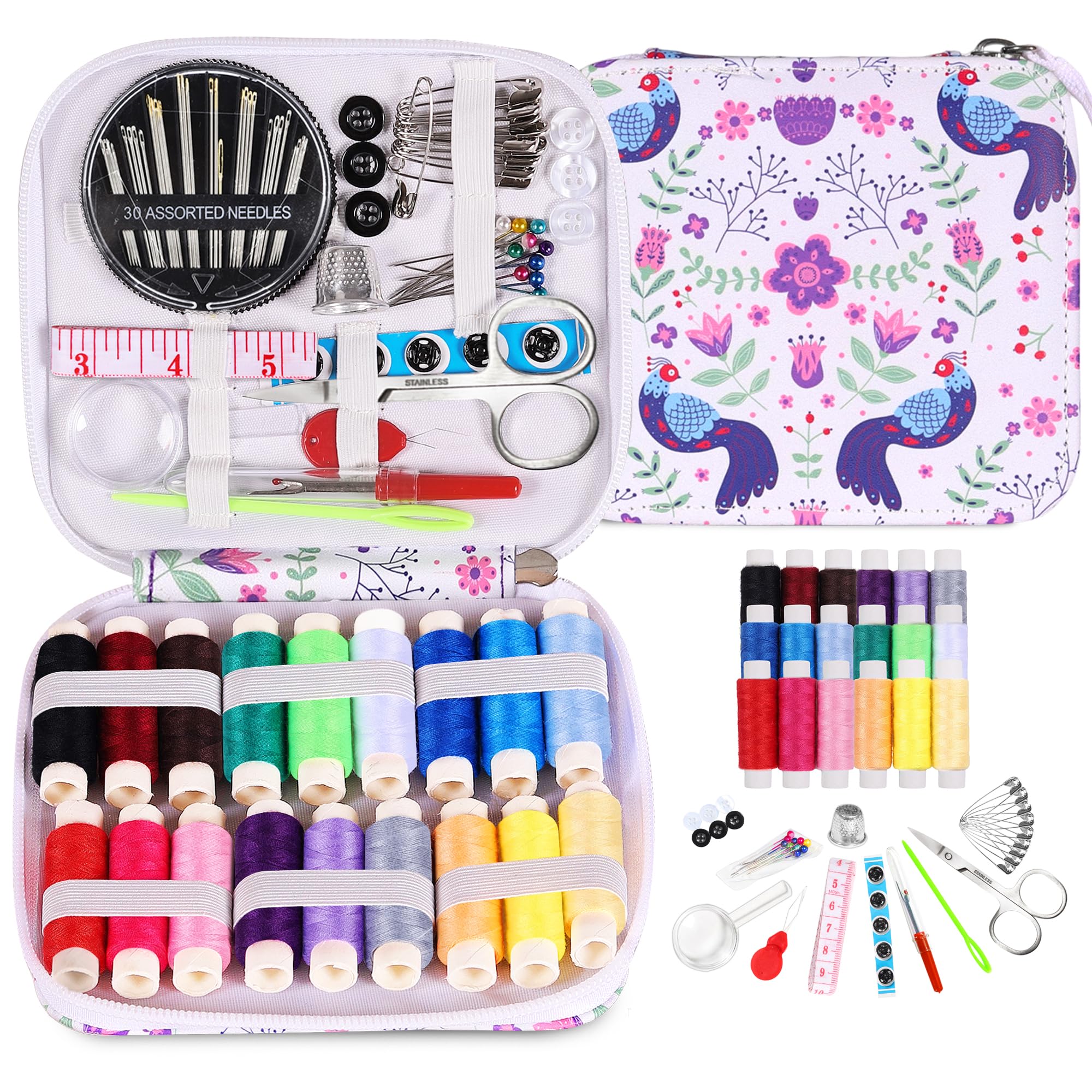 Sewing Kit for Adults Needle and Thread Kit for Sewing with Peacock Zipper Case 18 Color Threads Portable Basic Hand Sewing Repair Kits for Beginners Traveler Emergency DIY Quick Fix