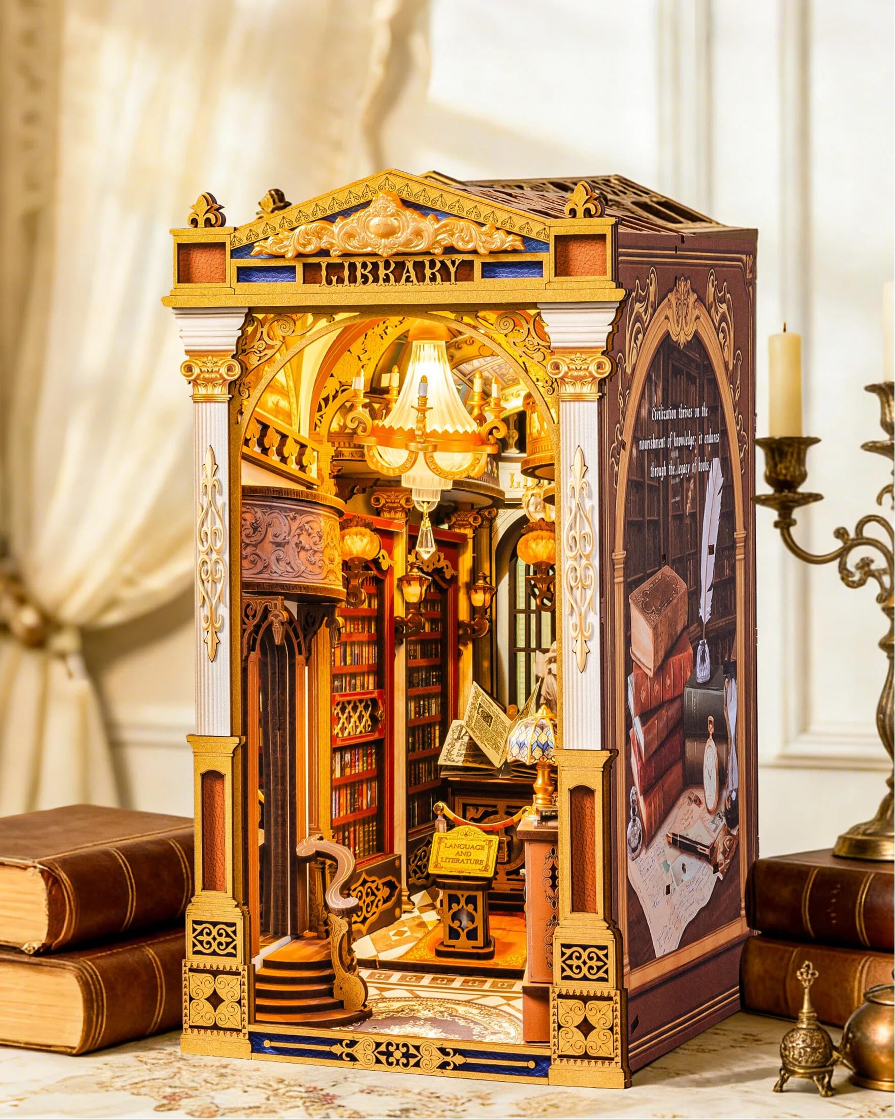 Rolife Book Nook Kit for Adults DIY Miniature Kit with Lights Library of Wonders Booknook Model Kits for Adults to Build 3D Wooden Puzzle for Desk Library Bookshelf Decoration