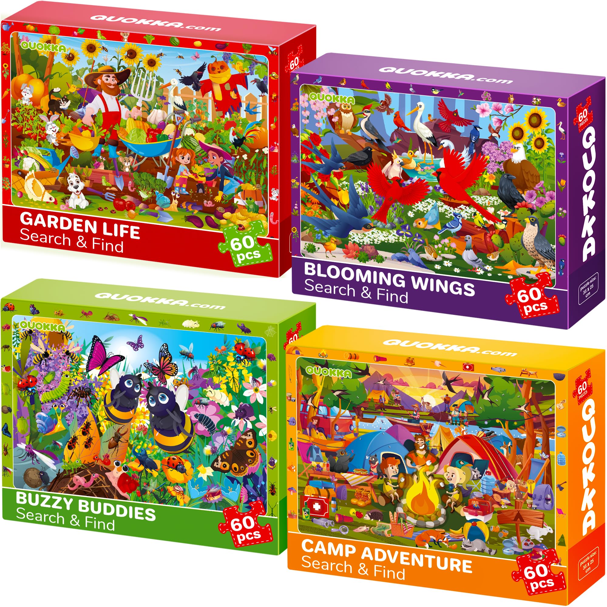 QUOKKA Jigsaw Puzzles For 3 4 Year Olds - 4x60 Jigsaws for Children Age 5 6 - Search & Find Kids Puzzles For Learning Birds and Flowers - Bugs and Flies - Garden Life - Gift Toy for Boys & Girls 7-8