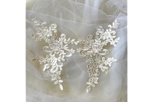 Microheal Lace Applique with Sequin Corded Flower Embroidery - Light Champagne - Perfect for Wedding & Bridal Accessories, Dance Costumes, Craft Projects - 25*12.5 cm (9.8*4.9 inches) - Mirror Pair