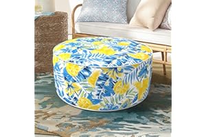 DYTXIII Inflatable Ottoman for Outdoor/Indoor Use,Portable Foot Stool with Handle,Water Repellent Footrest Pouf Ottoman Suitable for Patio,Camping,Deck and Travel(D21 x H9,Lemon Blue)