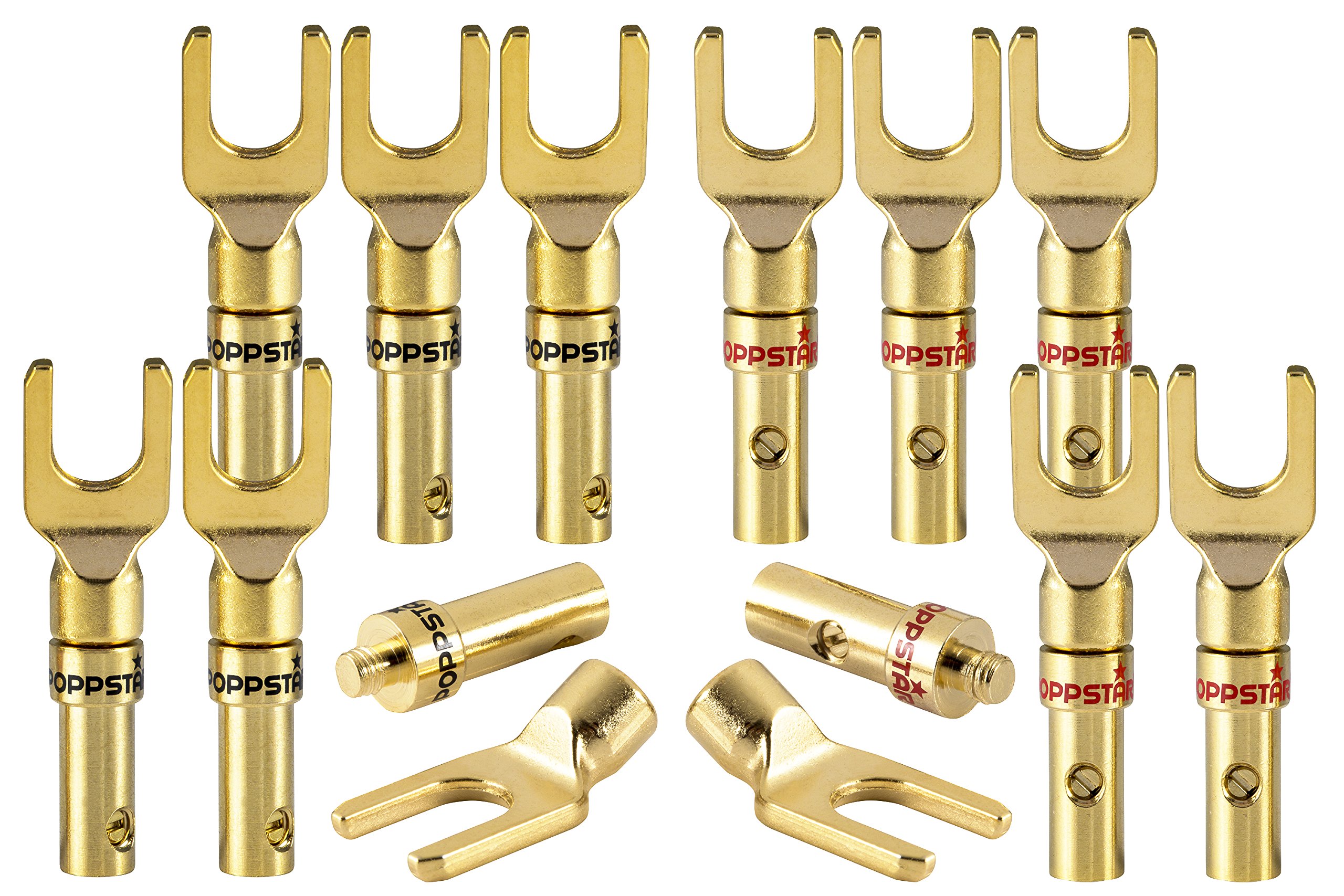 Poppstar 12x Cable Lugs, Fork Plug for electrical connection with speaker cables, up to 4mm², 24k gold-plated