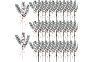 40 Pcs Artificial Christmas Floral Picks White Fake Berry Picks Stems Pine Branches with Pinecones Holly Leaves for Vase Flor