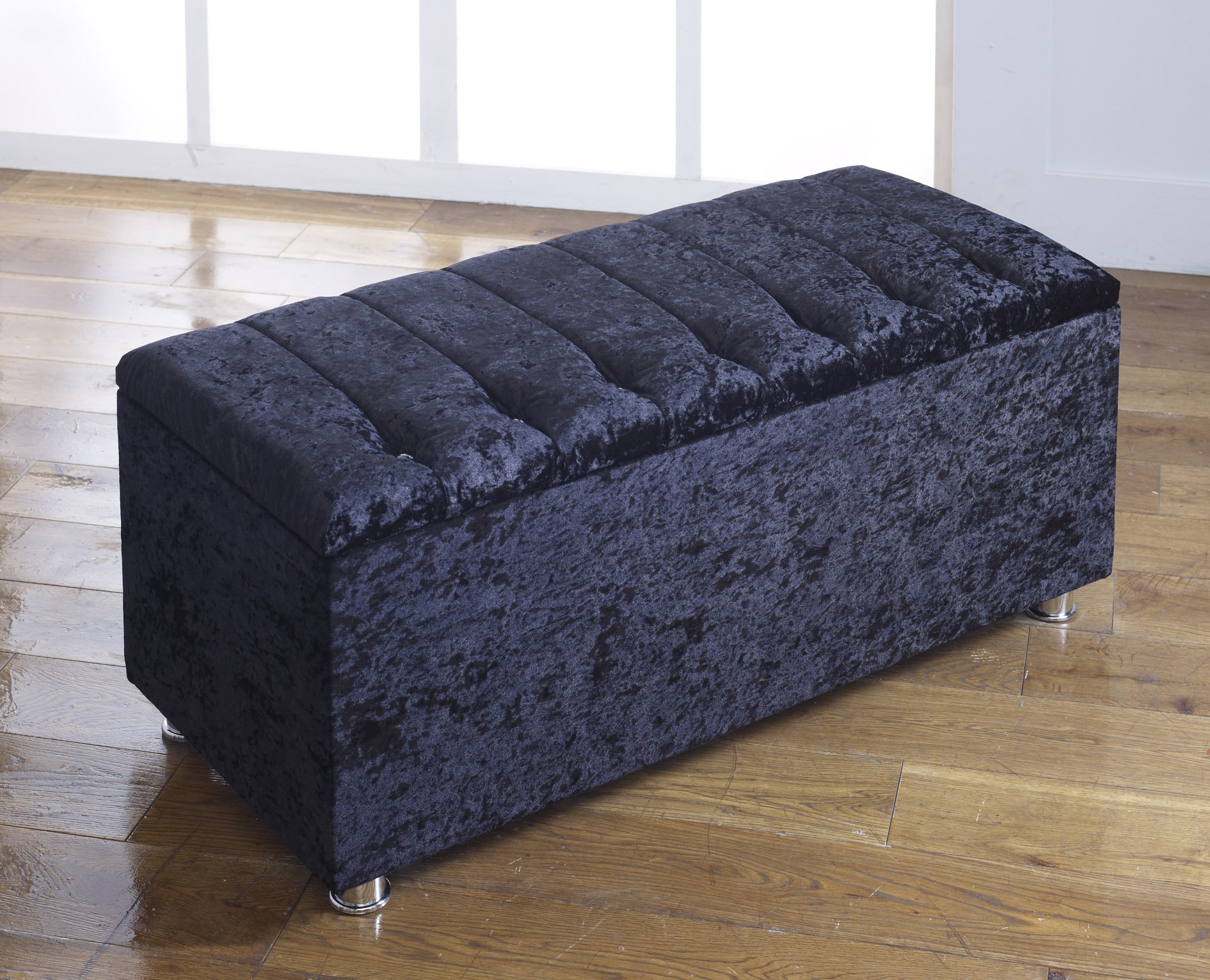 CHICAGO CRUSHED VELVET DIAMANTE OTTOMAN TOY STORAGE BLANKET BOX CHOICE OF COLORS (BLACK)