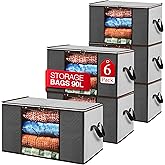 Masirs Storage Bags For Clothes - 6-Pack Collapsible Organizers for Blankets, Bedding & Clothes - Large 90L Zip Bags with Handles - Clear Durable Containers for Closet Organization (Grey)
