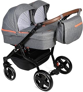 Dorjan Quick Twin Moderner Zwillingskinderwagen (Seite-an-Seite) KombiKinderwagen Duo Babywagen Buggy Kinderwagen System + Wickeltasche + Regenschutz + Insektenschutz (2w1, TQ08) Anthrazit-Orange)