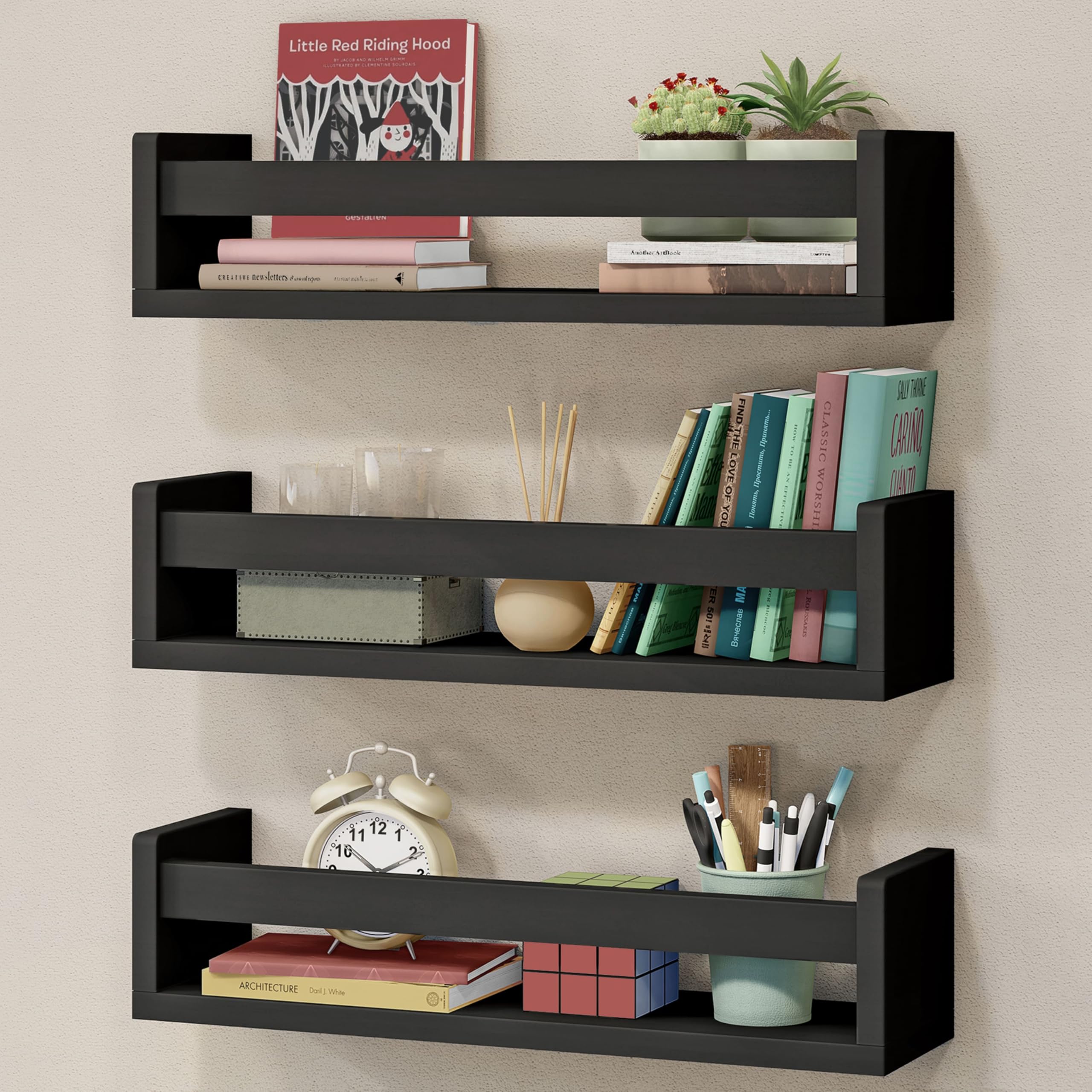 NATURE SUPPLIES | Set of 3 White Nursery Shelves (Black, 3 Pack)