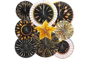 BALUN ADMHAIL New Year Decorations 2025 Black and Gold Party Decorations New Year Hanging Paper Fans Black and Gold Party Wall Decoration Set for New Year Classroom Birthday Indoor Decor