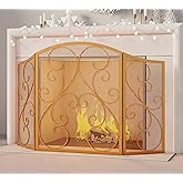 Fire Beauty Fireplace Screen 3 Panel Wrought Iron Metal 48"(L) x30(H) Spark Guard Cover(Golden Dusting)